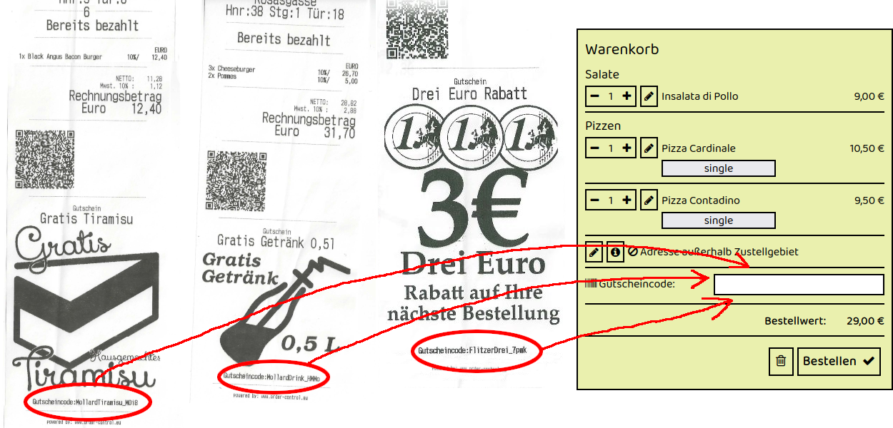 Beispiel für Gutscheincodes auf Rechnungszetteln von Karimo 2 in Schwechat Himberger Str. 3 – drei Rechnungen mit individuellen Gutscheincodes, die im Online-Warenkorb des Restaurants eingegeben werden können.