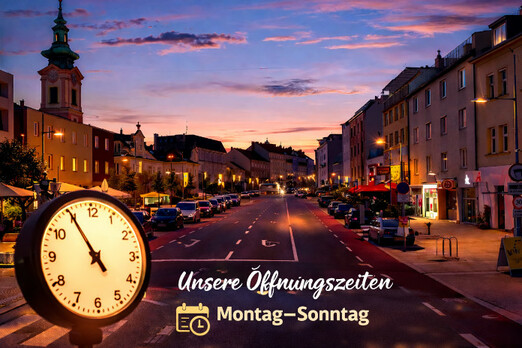Hauptplatz in Schwechat bei Dämmerung mit Uhr im Vordergrund und Hinweis auf Öffnungszeiten von Montag bis Sonntag