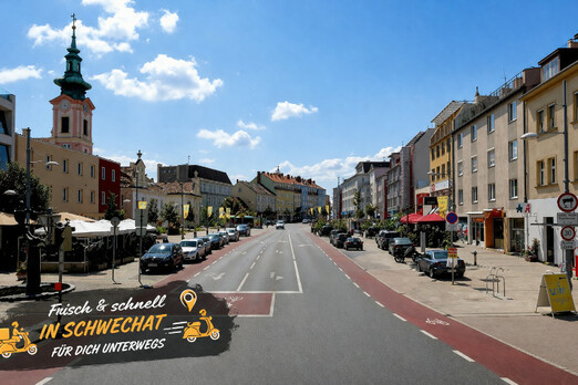 Hauptplatz in Schwechat mit dezentem Hinweis auf Lieferservice und Zustellgebiet im Vordergrund